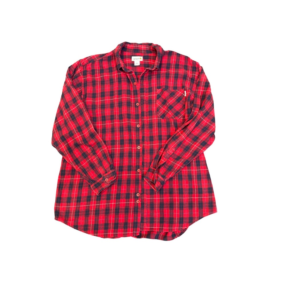 Carhartt Mens XXL Red Navy Blue Plaid Long Sleeve Cotton Button Down Shirt